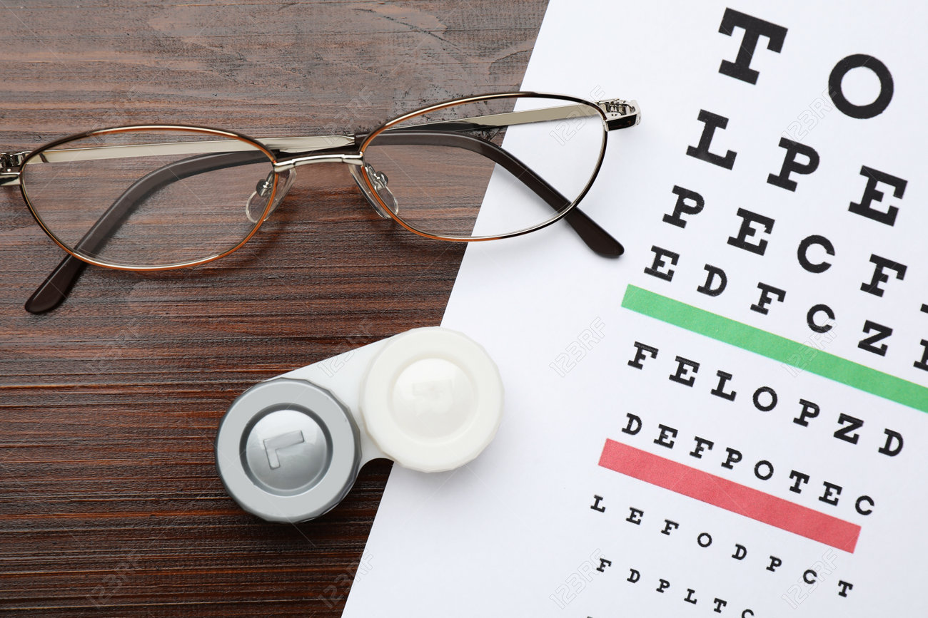 Anteojos y lentes de contacto sobre mesa